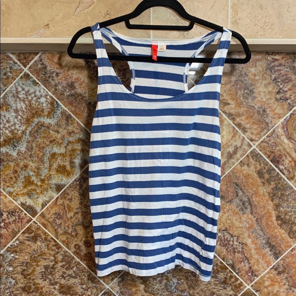 H&M Divided Blue & White Striped Racerback Tank Top Nautical Coastal Style 12